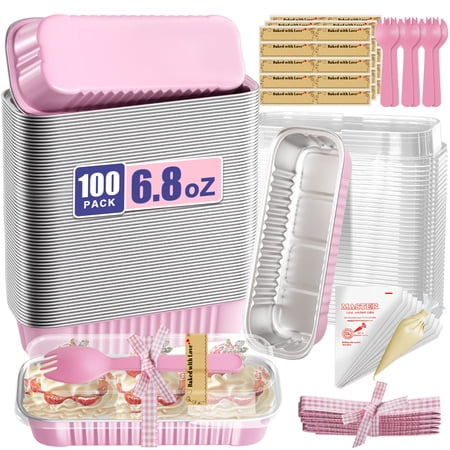 100 Pack Mini Loaf Pans with Lids and Spoons Sealing Sticker, 6.8oz Mini Cake Pans for Baking, Disposable Mini Aluminum Foil Loaf Pans, Small Cake Containers With Lids