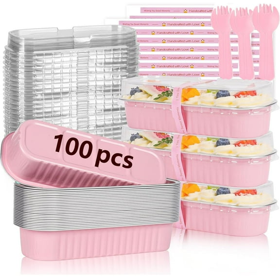 100 Pack Mini Loaf Pans with Lids and Spoons Sealing Sticker, 6.8oz Mini Cake Pans for Baking, Disposable Mini Aluminum Foil Loaf Pans, Small Cake Containers With Lids