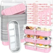 100 Pack Mini Loaf Pans with Lids and Spoons Sealing Sticker, 6.8oz Mini Cake Pans for Baking, Disposable Mini Aluminum Foil Loaf Pans, Pink Mini Loaf Baking Pans, Small Cake Containers With Lids