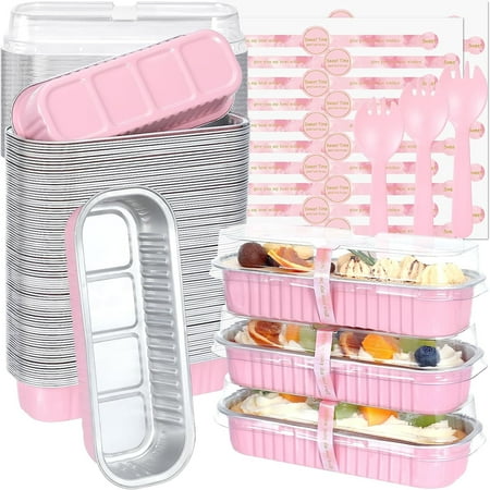 100 Pack Mini Loaf Pans with Lids and Spoons Sealing Sticker, 6.8oz Mini Cake Pans for Baking, Disposable Mini Aluminum Foil Loaf Pans, Pink Mini Loaf Baking Pans, Small Cake Containers With Lids
