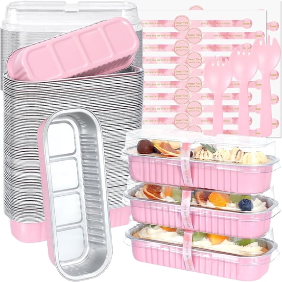 100 Pack Mini Loaf Pans with Lids and Spoons Sealing Sticker, 6.8oz Mini Cake Pans for Baking, Disposable Mini Aluminum Foil Loaf Pans, Pink Mini Loaf Baking Pans, Small Cake Containers With Lids