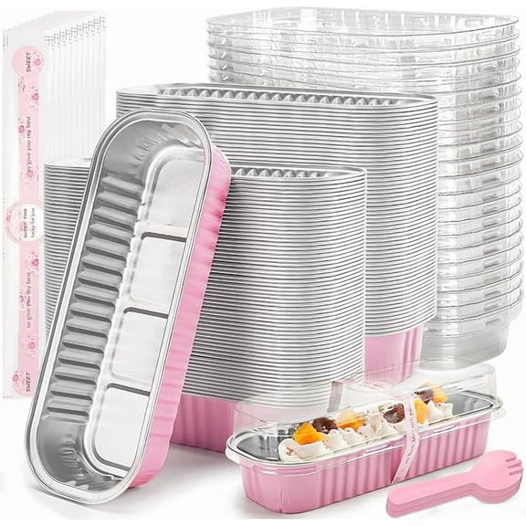100 Pack Mini Loaf Pans with Lids Rectangle Individual Cake Pans Aluminum Foil Pans for Large Gatherings Picnics Vacations Parties(Pink, 6.8 OZ)