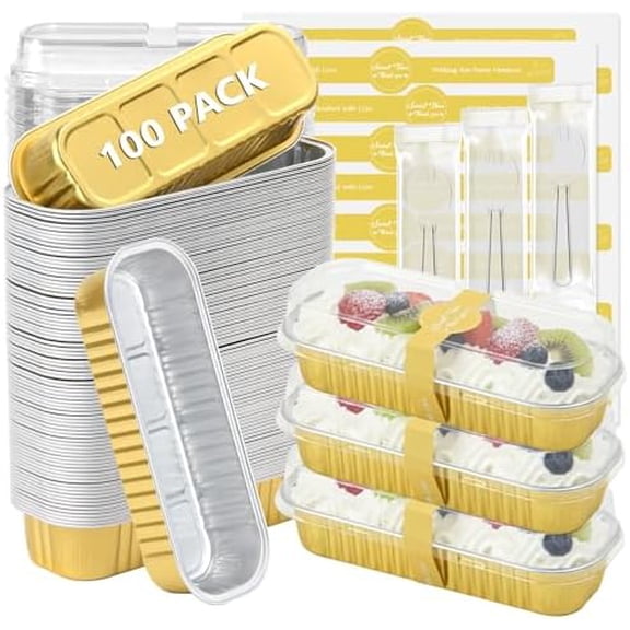 100 Pack Mini Loaf Pans with Lids and Spoons Disposable Aluminum Tin Foil Pans Rectangle Mini Loaf Cake Pan for Baking,Party,Picnics,Gifts (Gold)