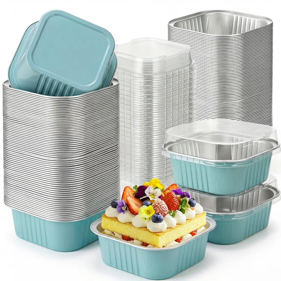 100 Pack Mini Square Aluminum Foil Baking Cups with Lids, 5 Oz Disposable Cupcake Muffin Pans, Small Cake Containers for Baking Storage Party Favor Dessert Gifts