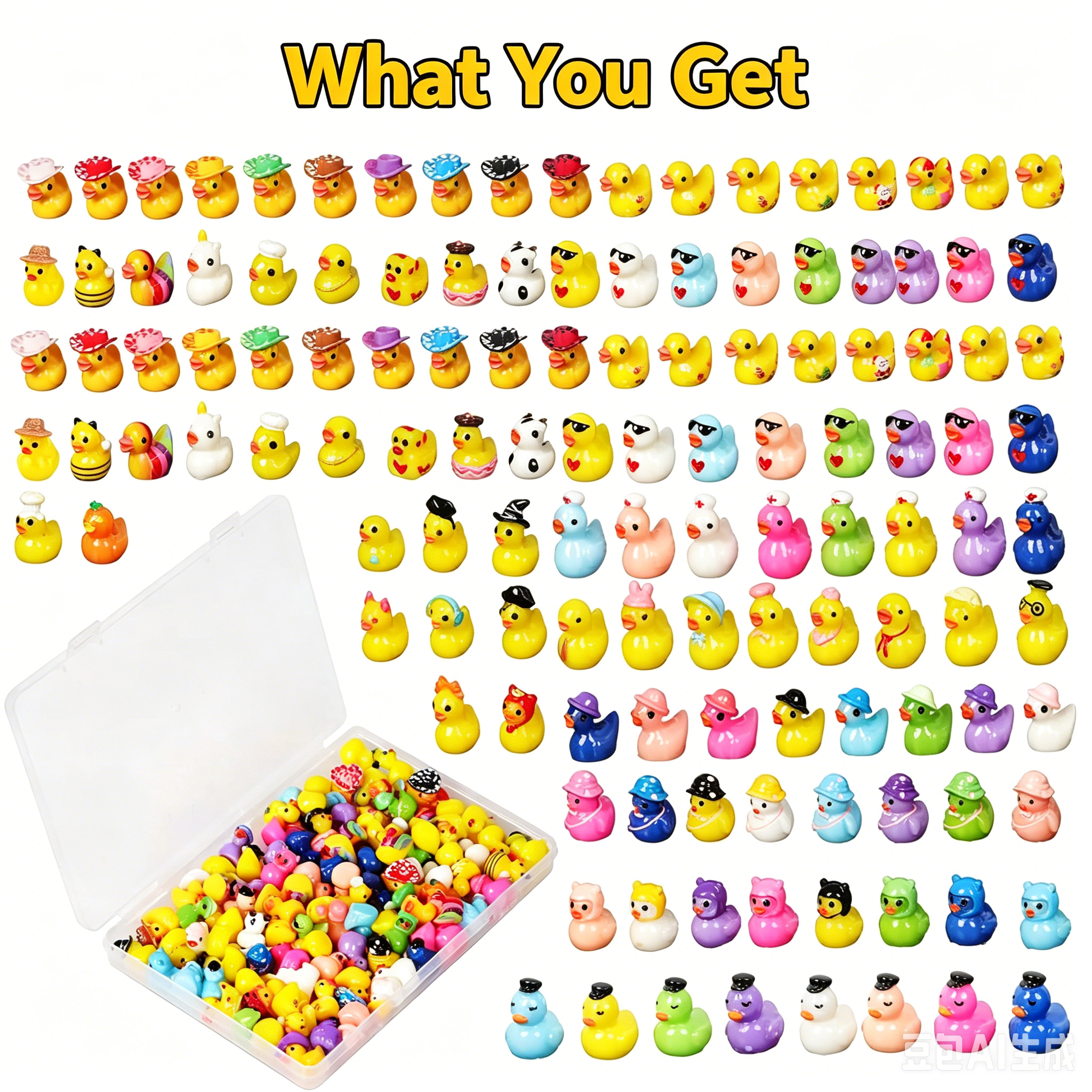 100 Pack Multicolor Mini Resin Ducks to Hide, 35 Unique Styles Solid Little Ducks, Tiny Miniature Duck Figures Bulk for Fairy Garden, Dollhouse, Terrarium, Potted Plants & Micro Landscape Decor