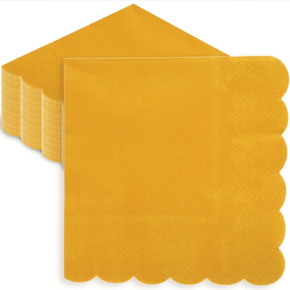 Juvale Mustard Yellow Cocktail Napkins - 5 x 5 In, 2-Ply & 100 Pack - Scalloped Edges, Absorbent Disposable Paper Napkins for Parties & Gatherings