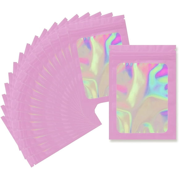 100 Pack Mylar Bags - 3.5 x 4.7 Inch Resealable Smell Proof Bags Foil Pouch Flat Bag with Front Window Pink