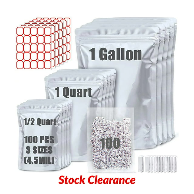 100 Pack Mylar Bags for Food Storage with 100x300cc Oxygen Absorbers 9.5 Mil 10"x14" 6"x9" 4.3