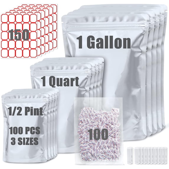 100 Pack Mylar Bags for Food Storage with 100x300cc Oxygen Absorbers - 9 Mil 10"x14", 9Mil 6"x9", 9Mil 4.3"x6.3" - Resealable Bags for Packaging Products & k Food Grade Bag for Storage