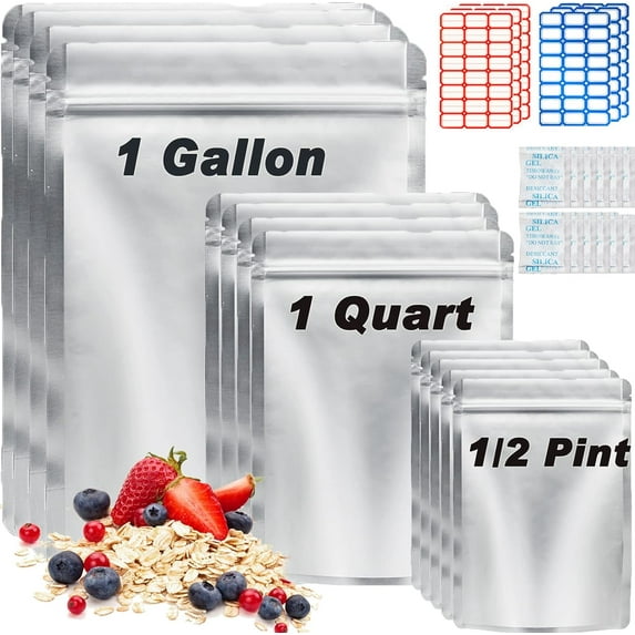 100 Pack Mylar Bags for Food Storage with Oxygen Absorbers 1 Gallon 9.4 Mil 10"x14" 7"x10" 5"x7" Stand-Up Zipper Pouches Resealable Mylar Bags for Long Term Food Storage (144 Labels)