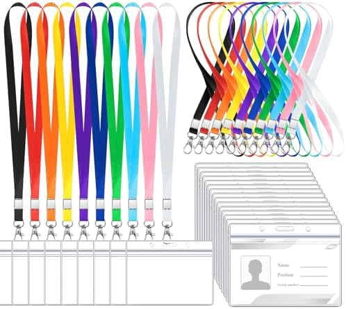 100 Pack Name Tag Lanyards with Id Holder, Clear Plastic Horizontal Name Tags Holders and Black Badge Lanyards with ID Holder for School Office Team Workers Volunteers (Multicolor)