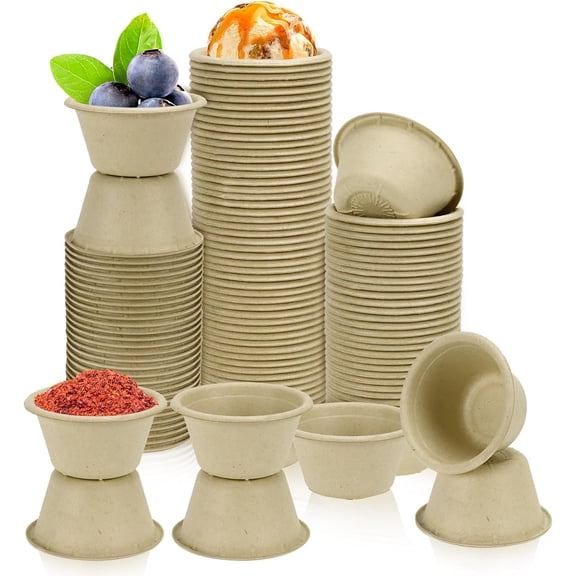 100 Pack Natural Bagasse Fiber Bowls 2oz Disposable Paper Cups Microwavable Safe Sample Snack Charcuterie Serving Cups Disposable Ramekins for Sauce Portion Condiment Ice Cream Desserts