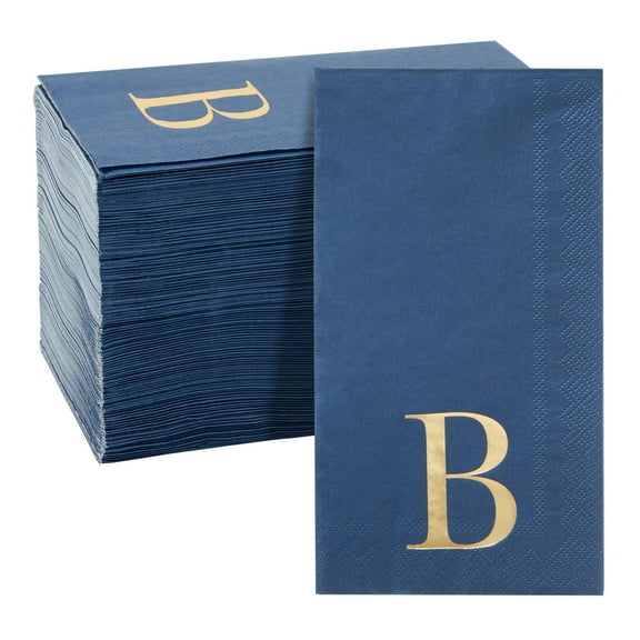 Sparkle and Bash Monogrammed Paper Napkins - Gold Foil Initial Letter B - For Wedding & Engagement Party - Disposable Navy & Gold Cocktail Napkins - 100 Pack, 3-Ply - 4.3 x 7.75 in