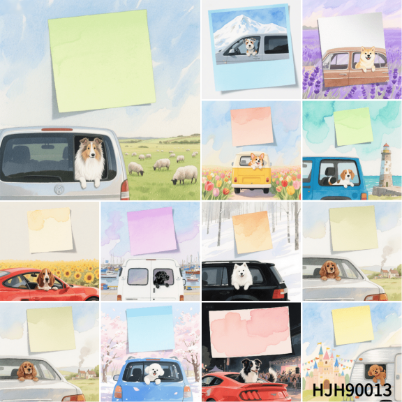 100-Pack Note Cards (3.543.54 Inches) with "Dog Peeking Out of Car Window" Design + 100 Round Double-Sided Adhesives, Exquisite Mini Cards for Delicate Emotions
