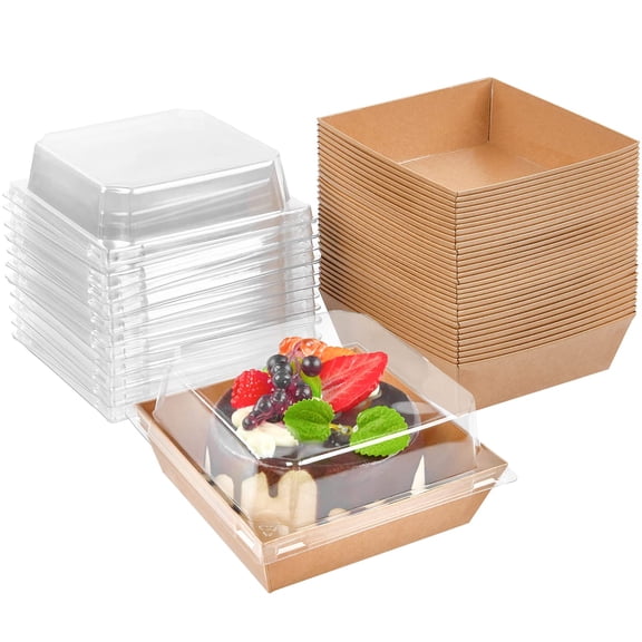 100 Pack Paper Charcuterie Boxes With Clear Lids 4 Inches Brown Cookie Dessert Disposable Oil-proof Food Containers For Sandwich Cake Slice Cupcake Chocolate Covered Strawberry