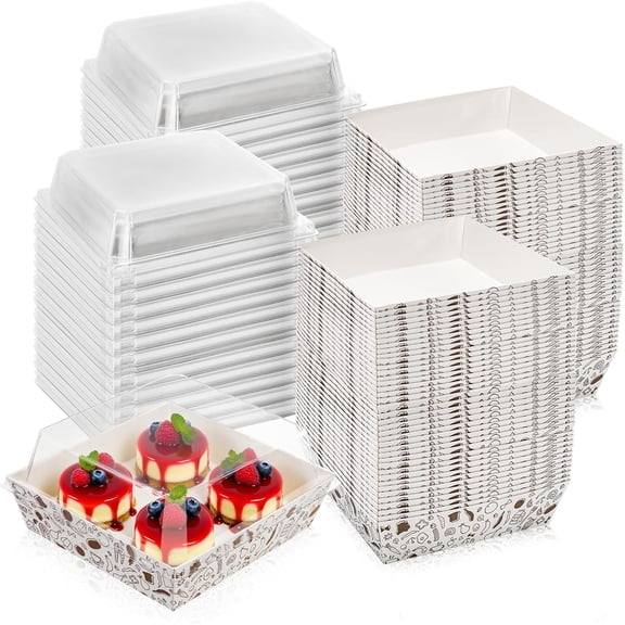 100 Pack Paper Charcuterie Boxes with Clear Lids, 5 Inch Small Disposable Sandwiches Dessert Bakery Boxes, To Go Food Containers for Cake Slice, Cookies, Donuts, Muffins, Pastry, White