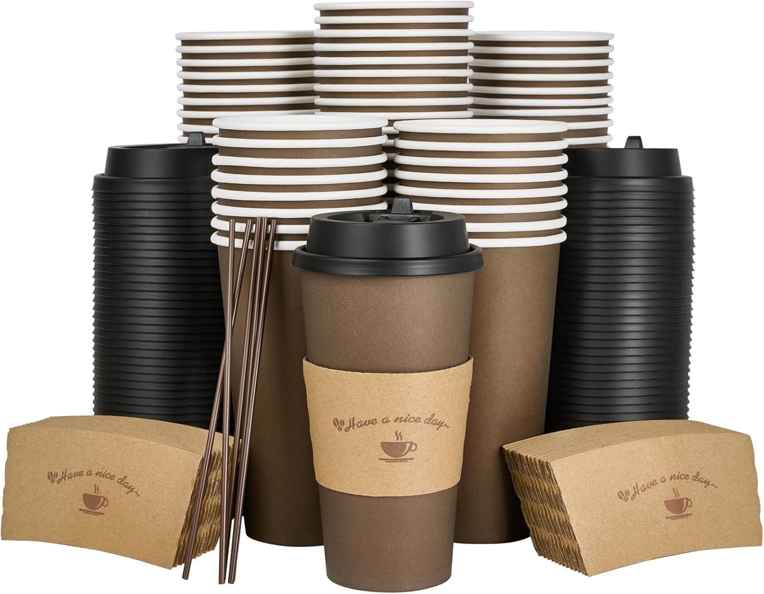 100 Pack Paper Coffee Cups with Lid, Sleeve and Stirrer for Coffee ...