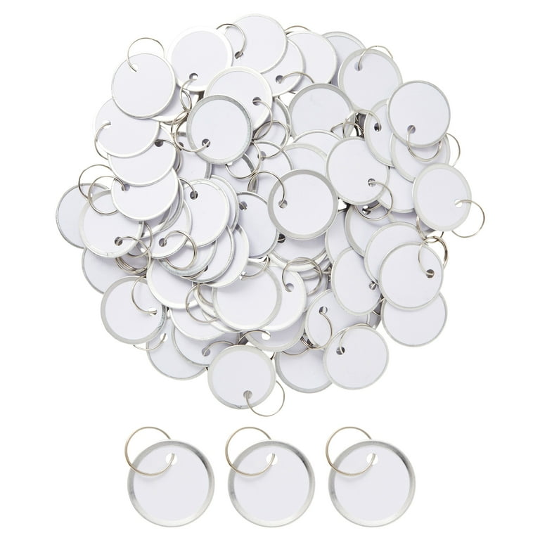 Juvale 100-Pack Paper Key Tags with Metal Rings - 1.2 inch Round Rimmed Split Keychain with Blank Labels (White)