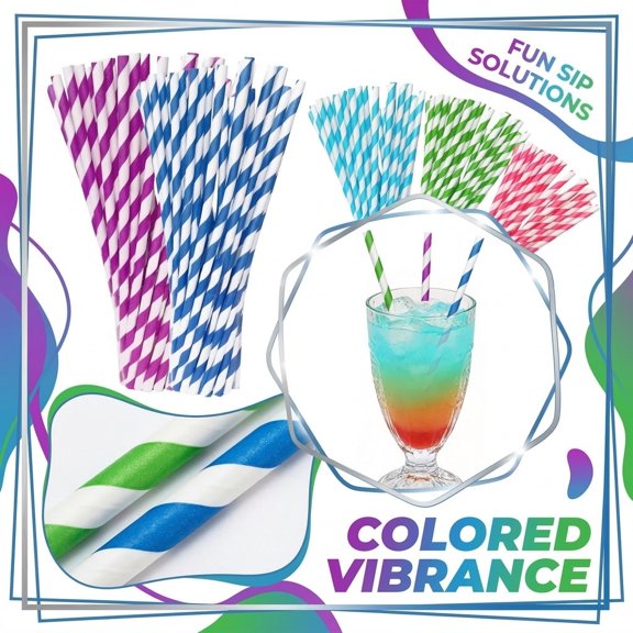 100 Pack Paper Straws, Colorful Striped Drinking Straws for Party Supplies, Birthday Wedding Shower Decorations, Bar Accessories for Drinks A