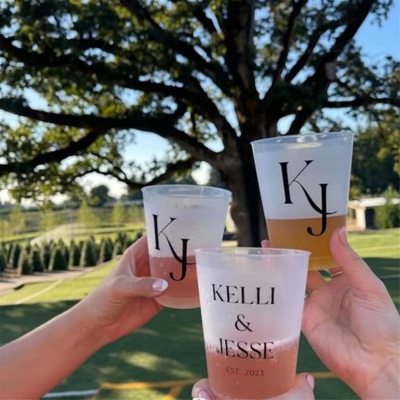 100-Pack Personalized Frosted Shatterproof Cups,7/12/16oz Custom Disposable Cups for Wedding, Bridal Shower & Modern Party,Reusable Plastic Cups with Custom Design (12 oz),7 oz