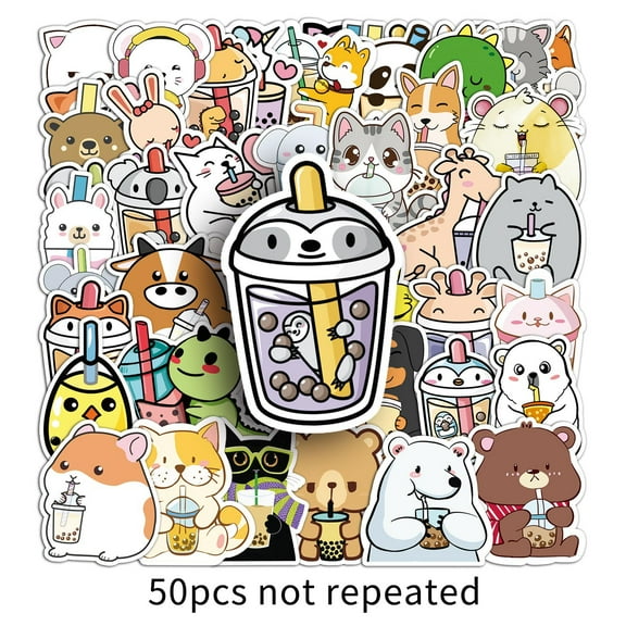 100-Pack Pet & Bubble Tea Stickers, Cute Cartoon Boba Pet Doodle Waterproof Vinyl Decals for Journal/Planner, Phone Case, Laptop, Skateboard & Luggage