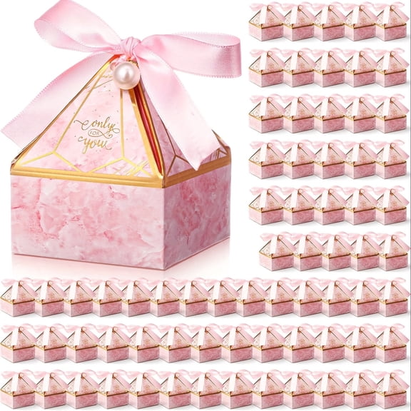 100 Pack Pink Gift Boxes with Ribbon, Pearl Accent, Elegant Paper Gift Box with Gem Tower Design, Small Candy Boxes for Party Favors, Bridal Showers, Birthdays, Weddings Box, and Holidays