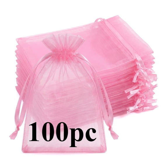 100 Pack Pink Organza Gift Bags, 5 x 7 Inch Drawstring Mesh Sachet Bags, Lightweight Party Favor Pouches for Wedding, Baby Shower, Christmas and Holiday Decor