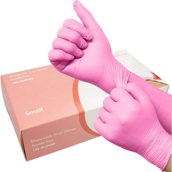 100 Pack Pink Vinyl Disposable Gloves - Latex Free and Power Free Food Grade Exam Gloves for Cleaning, Food Prep, Kitchen Use, Medium