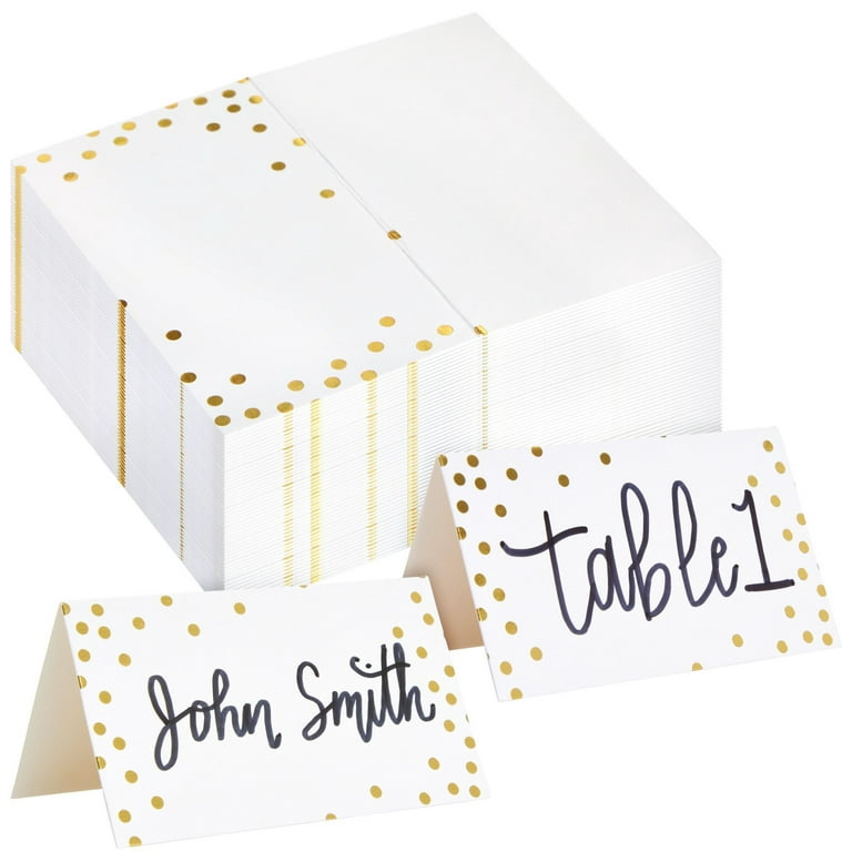 Best Paper Greetings 100 Pack Place Cards for Table Setting, Blank Name Cards for Wedding, Gold Foil Polka Dot Place Cards (2 x 3.5 in Folded)