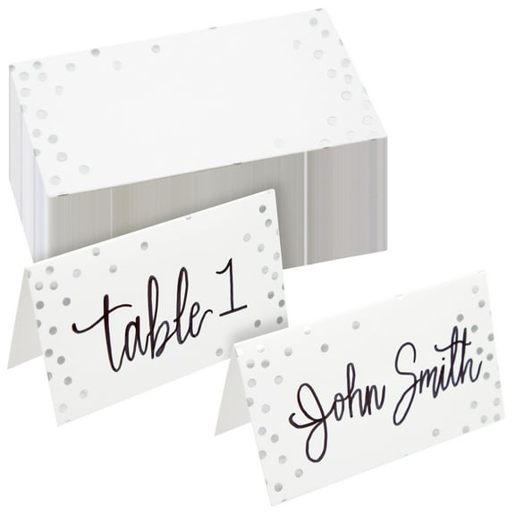 100 Pack Place Cards for Table Setting - Blank Table Name Cards for Wedding, Banquet, Events, Reserved Seating (Silver Foil Polka Dot, 2 x 3.5 In)