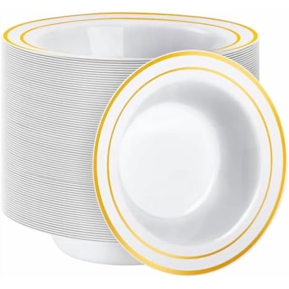 100 Pack Plastic Bowls with Gold Rim, 12oz Disposable Soup Bowls, Heavy Duty Dessert Bowls for Weddings, Parties, Dinners, Catering, Thanksgiving and Everyday Use
