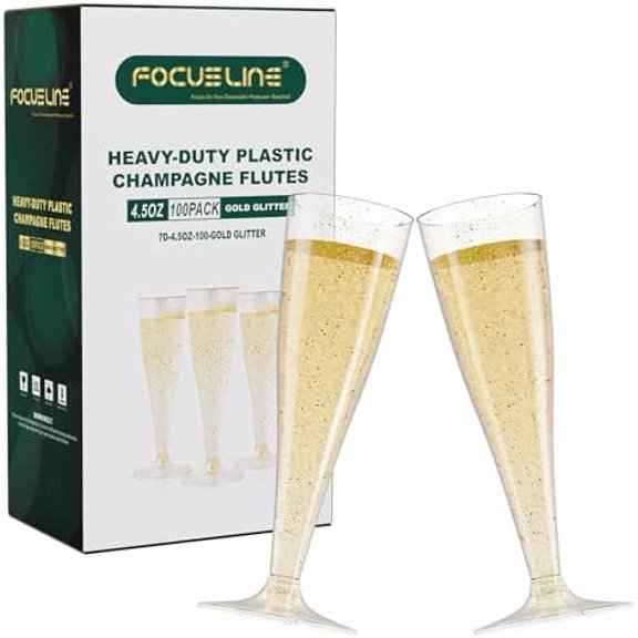100 Pack Plastic Champagne Flutes, 4.5 Oz Gold Glitter Plastic Champagne Glasses, Disposable Clear Toasting Glasses Recyclable Cups for Wedding Party