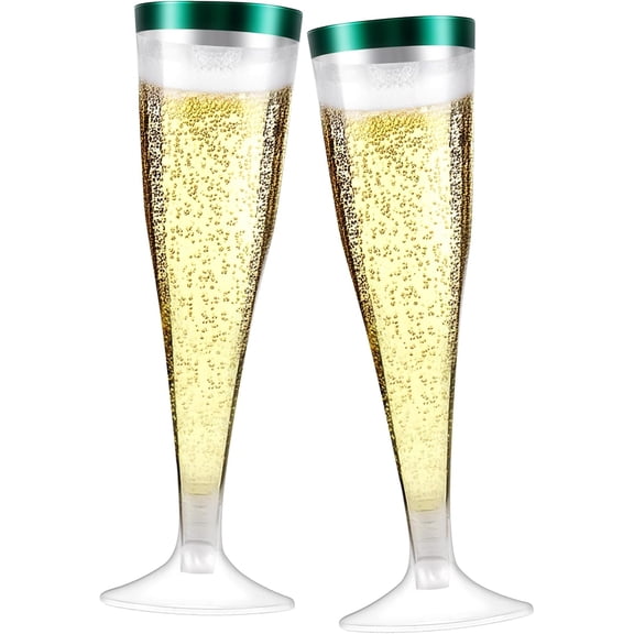 100 Pack Plastic Champagne Flutes, 4.5 oz, Clear, Green | Disposable Champagne Flute, Plastic Glasses, Toasting Glasses, for Party Wedding Thanksgiving Christmas Party Cocktail Cups
