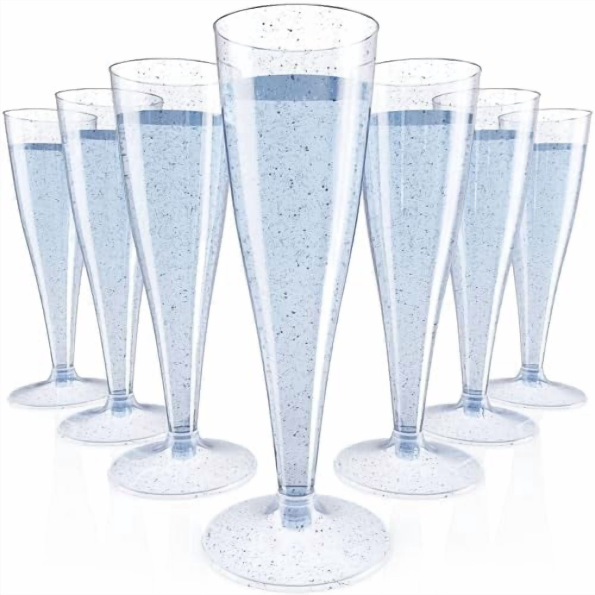 100 Pack Plastic Champagne Flutes Disposable 4.5 oz Blue Glitter Plastic Champagne Glasses Suitable for Wedding, Thanksgiving Day, Christmas