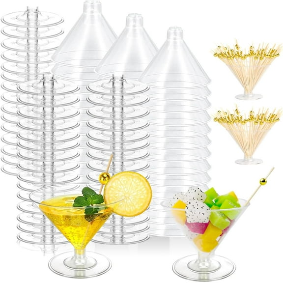 100 Pack Plastic Martini Glasses 5 Oz Mini Dessert Cups Clear Cocktail Glasses with Cocktail Sticks Clear Short Stem Shot Glasses for Party Wine, Desserts and Appetizers