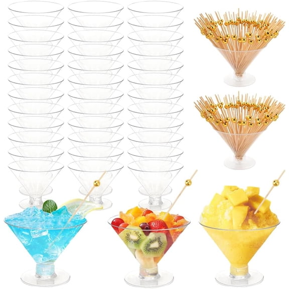 100 Pack Plastic Martini Glasses with Spoon, Clear Disposable Shatterproof Dessert Cups, 5 Oz Cocktail Short Stem Shot Glasses for Ice Cream, Party Wine, Desserts, Champagne, Appetizers (Sticks)