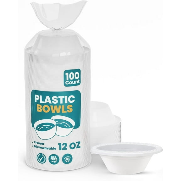 100 Pack Plastic Plates Disposable - Heavy Duty White Disposable Plates - Microwavable Disposable Plastic Plates