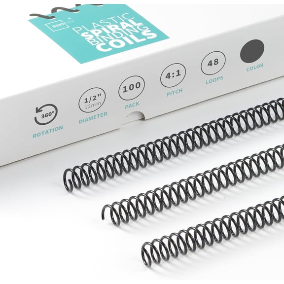 100 Pack Plastic Spiral Binding Coils, 12mm(1/2"), 90 Sheet Capacity, 4:1 Pitch, , 48Loops, for Letter Size, Students and Coworkers