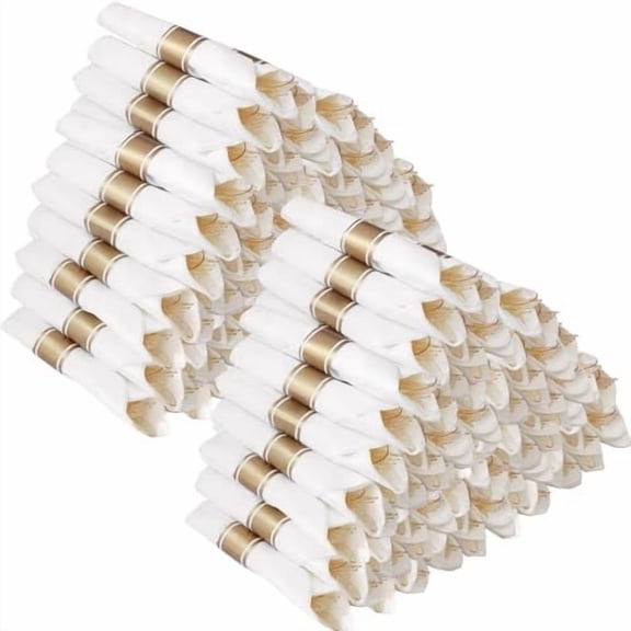 100 Pack Pre Rolled Gold Glitter Plastic Silverware, Wrapped Cutlery Set with Napkin Include 100 Forks, 100 Knives, 100 Spoons and 100 Napkins, Fancy Disposable Silverware for Party, Wedding