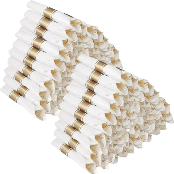 100 Pack Pre Rolled Gold Glitter Plastic Silverware, Wrapped Cutlery Set with Napkin Include 100 Forks, 100 Knives, 100 Spoons and 100 Napkins, Fancy Disposable Silverware for Party, Wedding