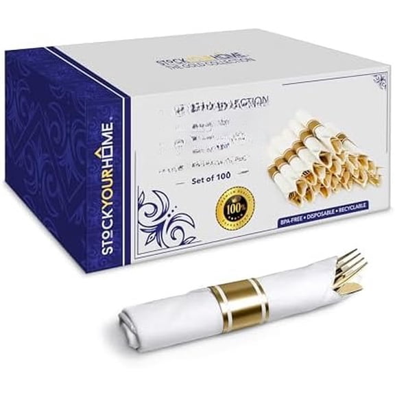 100 Pack Pre Rolled Gold Plastic Cutlery Set, Individually Wrapped Plastic Silverware Set with 100 Forks, 100 Knives, 100 Spoons, 100 Napkins, Disposable Utensils for Party and Wedding