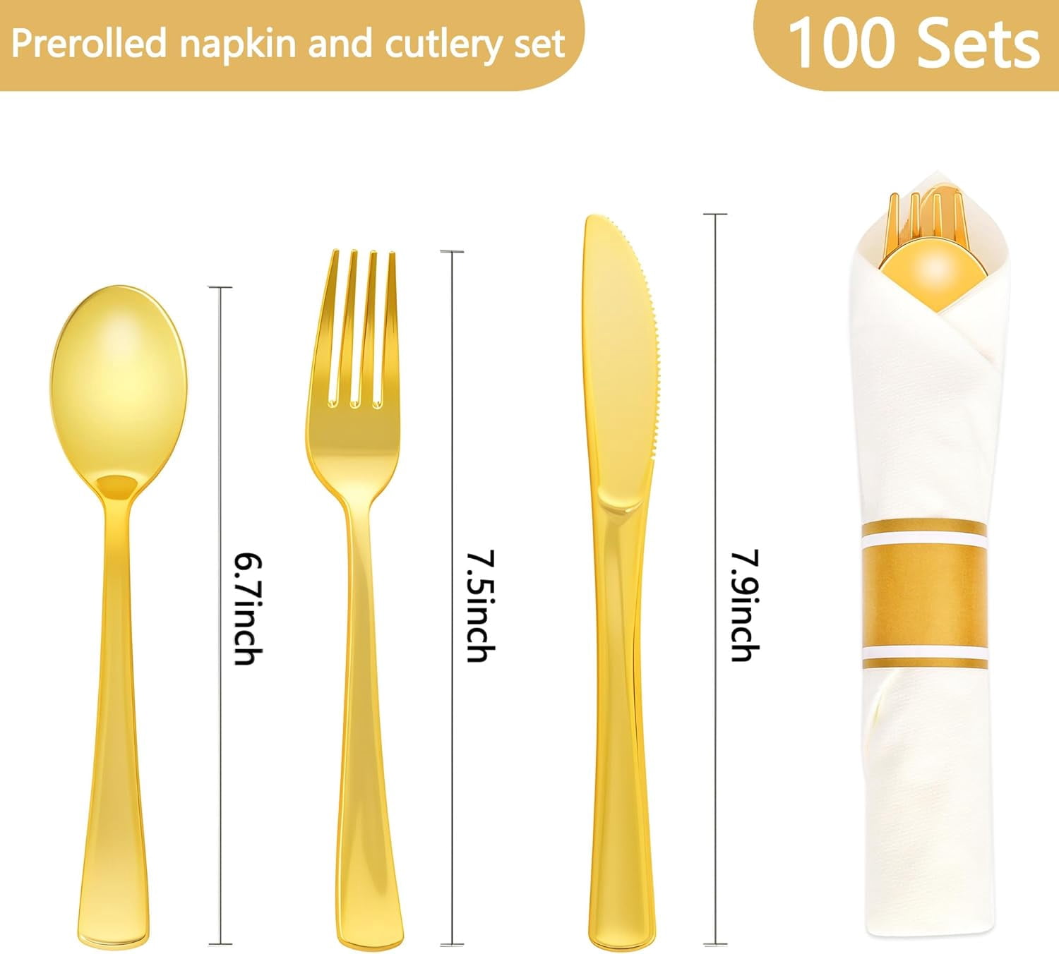Silverware Pack 100 Pack Pre-Rolled Gold Plastic Silverware Set with Napkins - Walmart.com