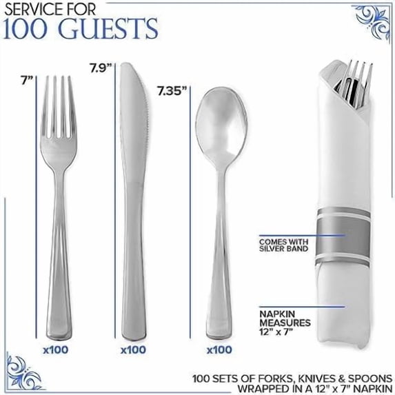 Silverware Pack 100 Pack Pre Rolled Silver Plastic Cutlery Set, Individually Wrapped ...