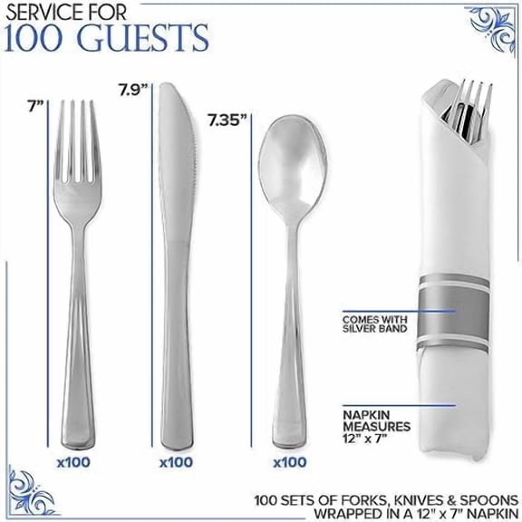 100 Pack Pre Rolled Silver Plastic Cutlery Set, Individually Wrapped Plastic Silverware Set with 100 Forks, 100 Knives, 100 Spoons, 100 Napkins, Disposable Utensils for Party and Wedding