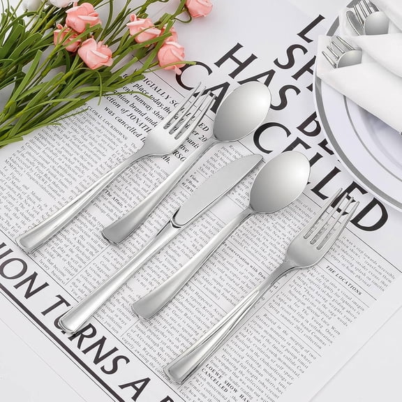 100 Pack Pre Rolled Silver Plastic Silverware, Wrapped Plastic Cutlery Set with Napkin Include 100 Forks, 100 Knives, 100 Spoons and 100 Napkins, Disposable Silverware for Party,