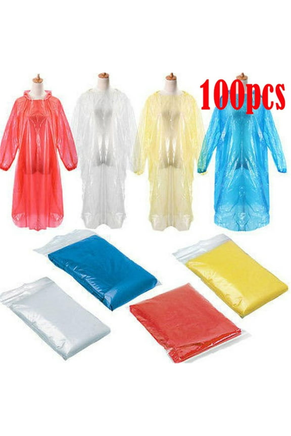 100-Pack Premium Disposable Rain Ponchos for Adults - Waterproof Emergency Hooded Coat, Compact & Lightweight for Hiking/Camping/Festivals (4 Colors)