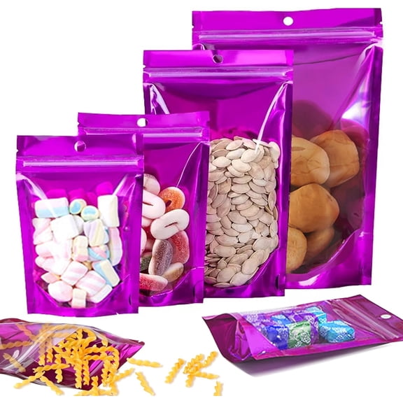 100 Pack Purple Resealable Mylar Bags 4.7x7.9 Inch - Smell Proof Stand Up Zipper Bags with Window for Food Storage, Small Business Packaging & Party Favors