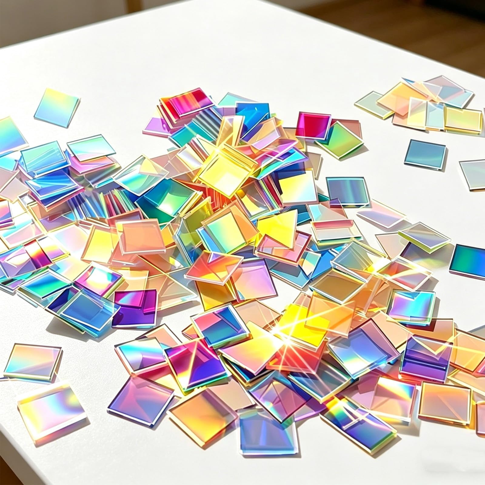 100-Pack Rainbow Holographic Acrylic Tiles 3/4" x 3/4" x 1/8" for Mosaic Art, DIY Crafts, Resin Jewelry, Light & Shadow Decor, 3mm Thick, Double-Sided Iridescent Plexiglass Squares