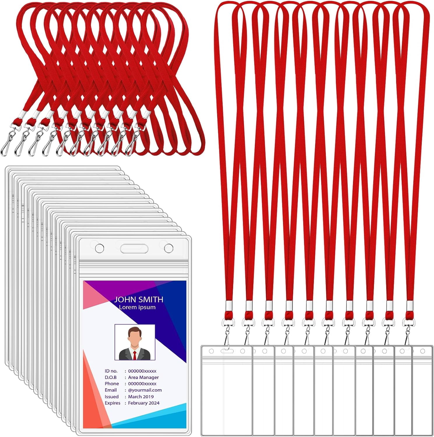 100 Pack Red Lanyards with Vertical Waterproof ID Card Holders, Clear Badge Holders for Office and School
