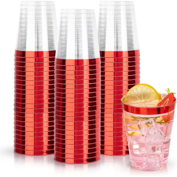 100 Pack Red Plastic Cups 10 Oz,Red Rimmed Plastic Cups for Party Fancy Disposable Cup for Wedding Disposable Glasses Clear Tumblers with red Rim for Mother's Day Elegant Wine Cocktail Cup